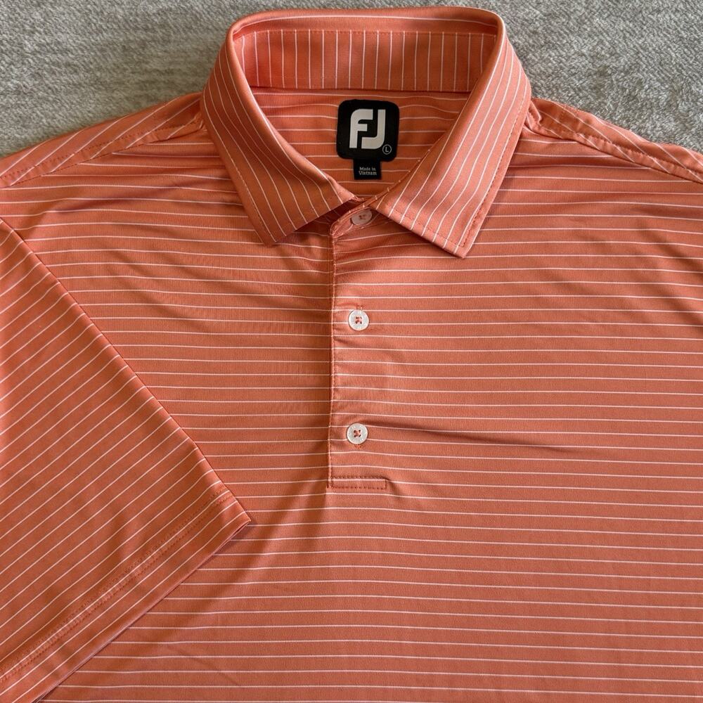 FootJoy Mens L Golf Polo Shirt Performance Orange Ivory Stripe Short Sleeve - Picture 1 of 5